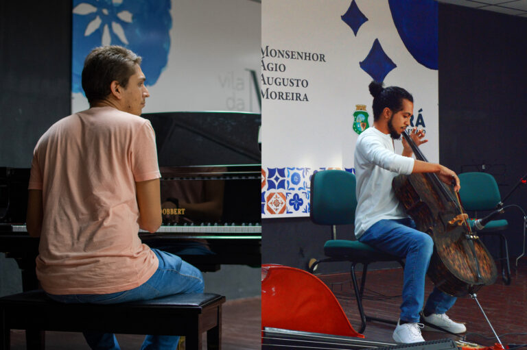 Dueto dos professores Leone Frazão (violoncelo) e Vinícius Simplício (teclado) no Monumento de Nossa Senhora de Fátima (CE)